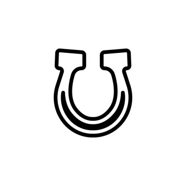 Serveti ve binicilik temalarını temsil eden beyaz arkaplan üzerine siyah çizilmiş basit at nalı simgesi çeşitli çizimler veya grafik tasarımlar için kullanılabilir.