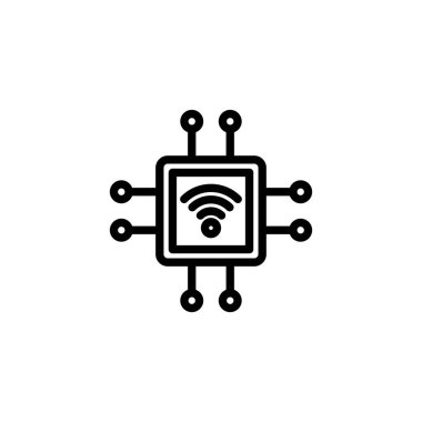 Siyah çizgi simgesi içinde kablosuz bir sembol olan bir bilgisayar çipini temsil ediyor. Teknoloji ve bağlantının internet erişimini ve elektroniği göstermek için harika olduğunu gösteriyor..