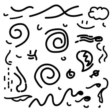 Çeşitli şekiller, çizgiler ve girdaplar içeren soyut karalamaların oyuncu bir koleksiyonu. Etkileyici ve eğlenceli..