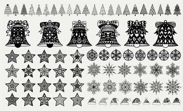 Hromada Vánočních Stromků Borovic Vánočních Zvonků Hvězd Míčků Ozdoby Sněhové — Stockový vektor