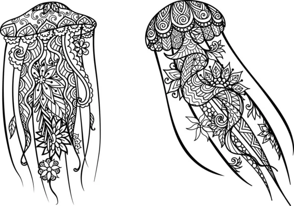 Two Mandala Jellyfishes Coloring Page Papercut Laser Cut Vector Illustration — Stock Vector