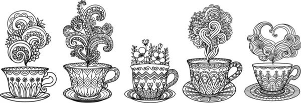 Набор Чашки Кофе Чашки Чая Художественным Паром Взрослых Раскраски Страницы — стоковый вектор