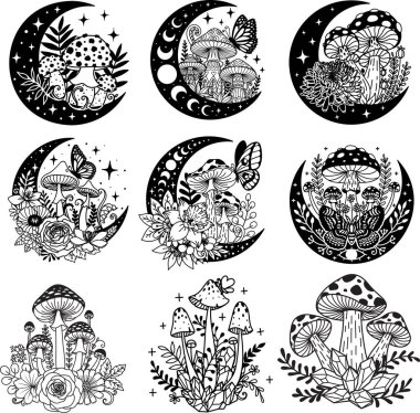 Mantar, çiçek, hilal, ay aşamaları ve kristal koleksiyonu. Sihirli mantar konsepti. Vektör illüstrasyonu.