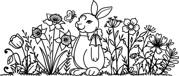 复活节兔子在草甸上的水仙花和用于印刷 雕刻等的蒲公英 矢量说明 — 图库矢量图片