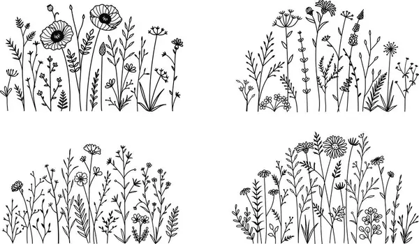 Eine Reihe Von Wildblumenwiesen Zum Drucken Gravieren Laserschneiden Und Weiter — Stockvektor