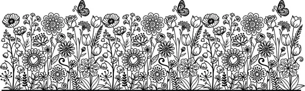 Wiederholbare Handgezeichnete Frühlingsblumen Wiese Mit Schmetterling Nahtloses Randmuster Blumenfeld Mit — Stockvektor