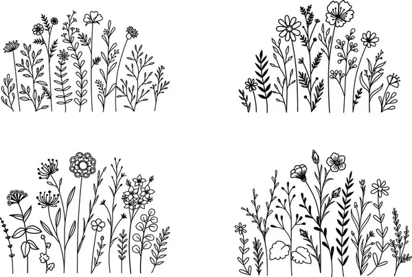 Set Von Wildblumenwiesen Zum Drucken Gravieren Laserschneiden Und Weiter Vektorillustration — Stockvektor
