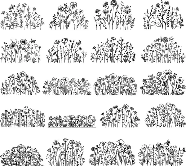 Conjunto Veinte Prados Flores Silvestres Dibujados Mano Para Imprimir Grabar — Vector de stock