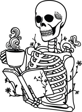 Skeleton holding book and coffee cup for design element. Vector illustration.