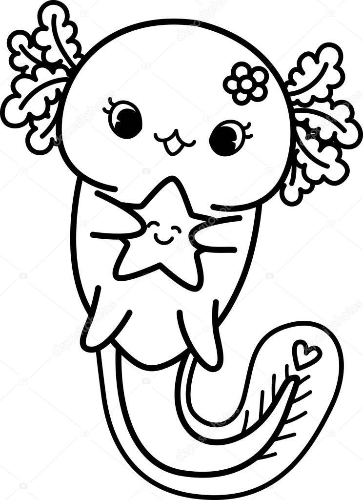 Bold line drawing cute baby axolotl holding starfish with editable stroke thickness for coloring page for kids. Vector illustration.