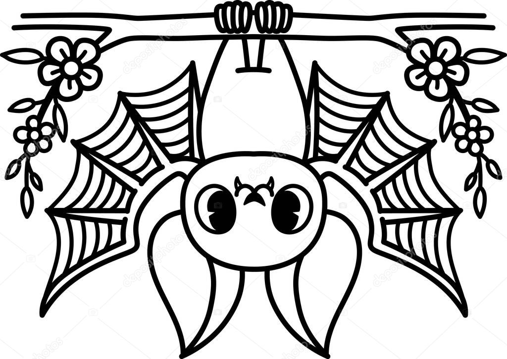 Bold line drawing cute baby bat hang upside down, with editable stroke thickness for coloring page for kids. Vector illustration.