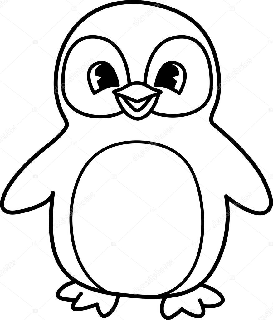 Bold line drawing cute baby penguin with editable stroke thickness for coloring page for kids. Vector illustration.