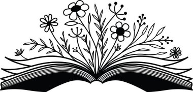 Çiçekler, düzenlenebilir dokunuşlarla açık bir kitaptadır. Vektör illüstrasyonu.