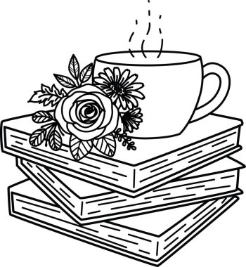 Flowers and coffee mug on book stacks with editable strokes. Vector illustration. clipart