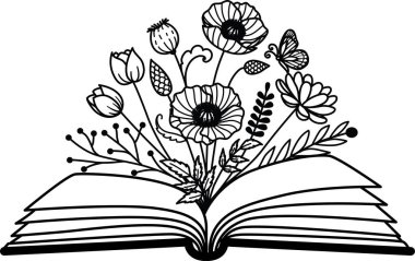 Düzenlenebilir darbelerle açık kitaba çiçek çizmek. Vektör illüstrasyonu.