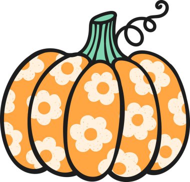 Çiçek arkaplanı az olan el çizimi şirin bir balkabağı. Vektör illüstrasyonu