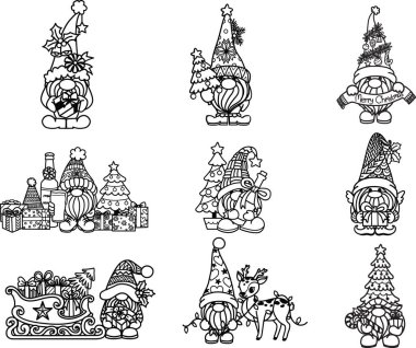 Set of Christmas gnomes for engraving, coloring and other design element. Vector illustration.	