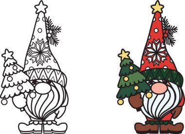 Boyama kitabı, çıkartma tasarımı, gömlek tasarımı vb. için Noel ağacı tutan sevimli cüce. Vektör illüstrasyonu.