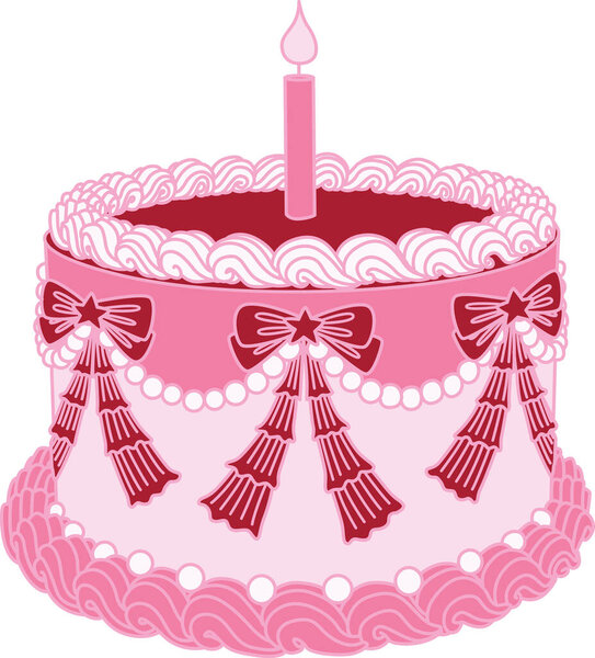 Линия искусства рисования ленты лук вокруг розового торта с днем рождения, клипарт кокетной эстетики для элемента дизайна. Векторная иллюстрация.