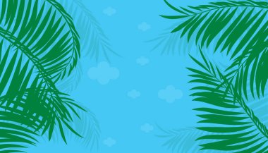Mavi gökyüzünde palmiye yaprakları ve alçak açılı bulutlar. Doğal yeşil hindistan cevizi yaprağı deseni ve seyahat tatili konsepti