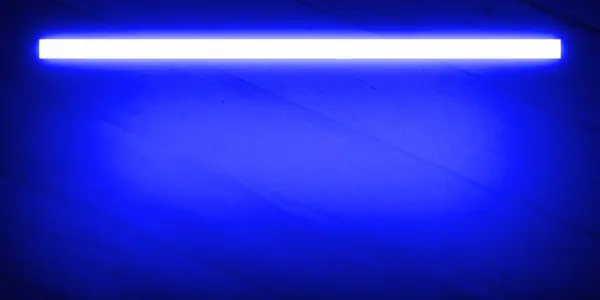 Koyu ahşap duvar arkaplanı, mavi neon ışığı ve dikdörtgen çerçeve