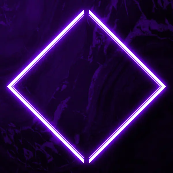 Koyu mor mermer arka plan. Neon ışığı ve eşkenar dörtgen çerçeve ile parlıyor.
