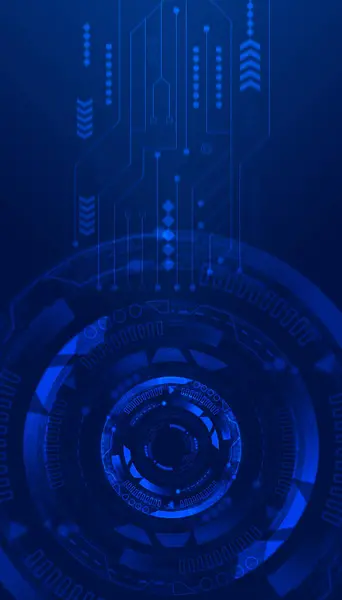 Dijital elektronik teknoloji konsepti. Hareket bulanık devre kartı koyu mavi arka plan ve dikey pankart