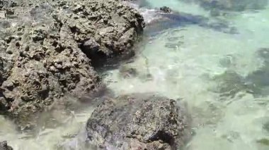 4K gerçek zamanlı video kaydı. Sıcak ve güneşli bir öğleden sonra kumsalda açık deniz dalgaları ve kayalar.