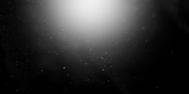 Spot ışık efektini içeren soyut siyah ve beyaz arkaplan, karanlık parçacık dolu çevreyi delip geçen ışık ışınlarını hatırlatan parlak parlayan bir alan oluşturuyor.
