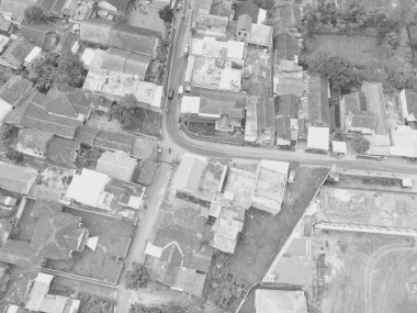 Black and white photo of bird's eye view of settlements in the Cikancung area - Indonesia.