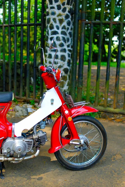 汽车摄影 印度尼西亚万隆市黑色大门前经典的本田超级小熊C90超级豪华红白相间 — 图库照片