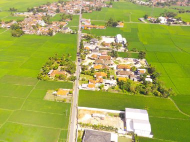 Şatafatlı Yeşil Bölge 'deki Şehir Mimarisi ve Konut Mahallesi Kuş Gözü Görünümü. Hava Drone 'u. Zirai alanlarla çevrili canlı bir şehir manzarası. Bandung - Endonezya