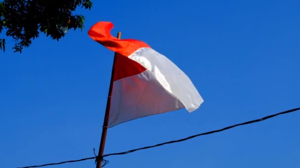 インドネシアの旗が風に揺れている インドネシアの国旗が美しい景色に風を吹いています ブルースカイ フッテージ インドネシアの国旗ビデオ映像 — ストック動画