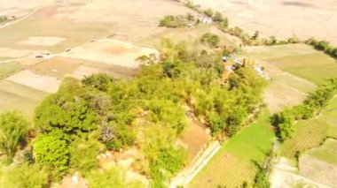 Endüstriyel Video. Yüksek hızda çekim. Kırsaldaki pirinç tarlalarının aşırı hızlı görüntüsü. Yerleşim alanları ve ağaçları olan güzel pirinç tarlaları. Uçan bir drondan havadan ateş edilmiş. Bandung - Endonezya, Asya