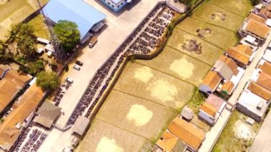 İnsansız hava aracı görüntüleri. Pirinç tarlalarının kenarındaki fabrikanın havadan görüntüsü. Fabrika ve pirinç tarlası manzaralı havadan manzaralı şehir manzarası. 4K çözünürlüğündeki bir insansız hava aracından havadan ateş edildi.