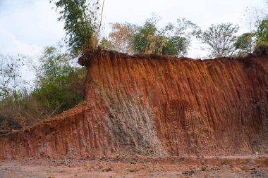 Peyzaj Fotoğrafçılığı. Dokulu arka planlar. Şehrin kıyısındaki heyelan tepesinin korkunç görüntüsü. Bir tepede heyelan. Bandung, Endonezya