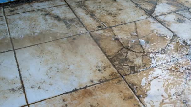 가정용 비디오 그래피 소년과 바닥에 뿌린다 시멘트 더러운 바닥이 청소되고 — 비디오
