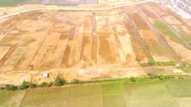 Sanayi bölgesinde düzleştirilmiş arazi ve pirinç tarlalarının görüntüsü. Yeni konut geliştirme alanının manzarası. Konut Endüstrisi. Yukarıdan. Konut sorunları. 4k çözünürlüğüyle video çekimi