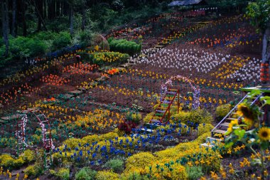 Renkli Fırıldak 'ın fotoğrafları tüm parkı dolduruyor. Lunaparkı süsleyen süslemelerin arka planı. Grafik Kaynaklar. Arka plan fotoğrafçılığı. Seyahat Uçurumları