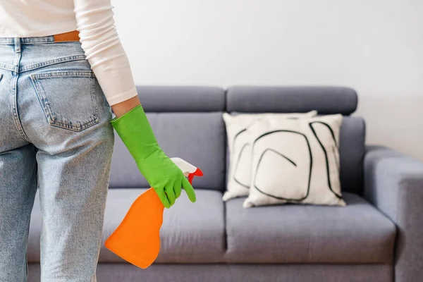 Female Hand Green Glove Hold Detergent Spray Orange Bottle Copy — Stock Photo, Image