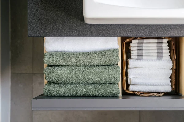 Open Closet Bath Cosmetics Clean White Towels Concepts Organizers Bathroom  Stock Photo by ©brizmaker 609632392