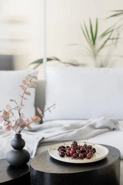 plate with ripe sweet cherry and ceramic vase with decorative eucalyptus branch on dark wooden side table near light couch with warm plaid in lounge room