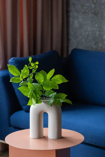 Современная Ваза Зеленым Растением Металлическом Круглом Кофейном Столике Возле Синего — стоковое фото