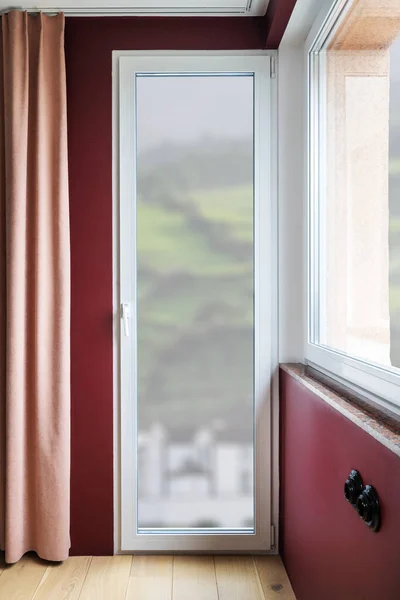 Vertical Shot Metal Plastic Profile Balcony Doors Curtains Cozy Modern — Stock Photo, Image