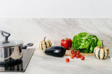Sağlıklı beslenme konsepti, lahana, domates, balkabağı, dolma biber ve patlıcan atölyenin üstünde, tencerenin yanında pişirme kabıyla birlikte indüksiyon sobasının yanında.