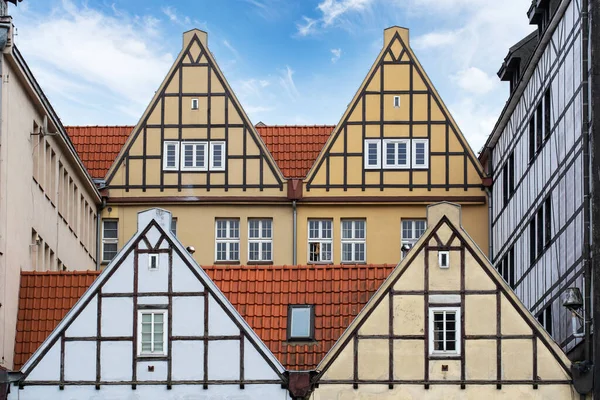 Exterior view of groups of old houses in the historical part of the city. European buildings in the Bavarian style. Half-timbered elements in architecture