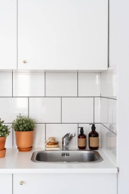 detail at kitchen interior, white cupboard, stainless steel faucet, sink, wooden dish washing brush, detergent or soap in dispenser bottles with copy space and houseplant