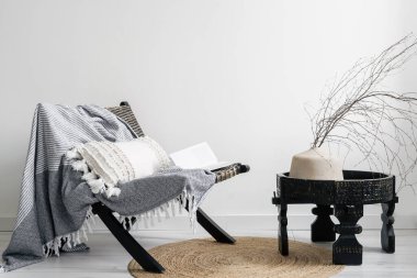 Oturma odasının içinde rahat bir sandalye, ekose ve yastıklı rahat bir sandalye, ahşap sehpanın üzerinde kuru dallı modern seramik vazo ve yerde yuvarlak hasır halı.