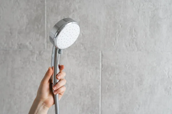 Close View Cropped Woman Hand Holding Metal Shining Shower Head — Stock Photo, Image