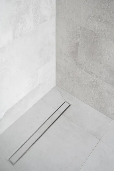 Linear Shower Drain Tiled Floor Modern Enclosure Luxury Bathroom Water — Stock Photo, Image